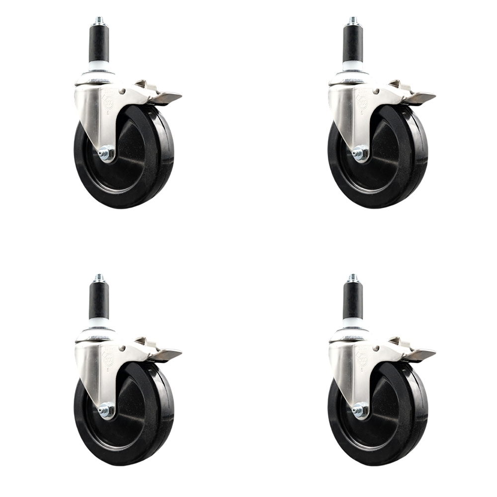 Soft Rubber Swivel Stem Caster with 5 in. Caster Wheels 1.25 in. Expanding Stems 316 Stainless Steel Casters - Set of 4