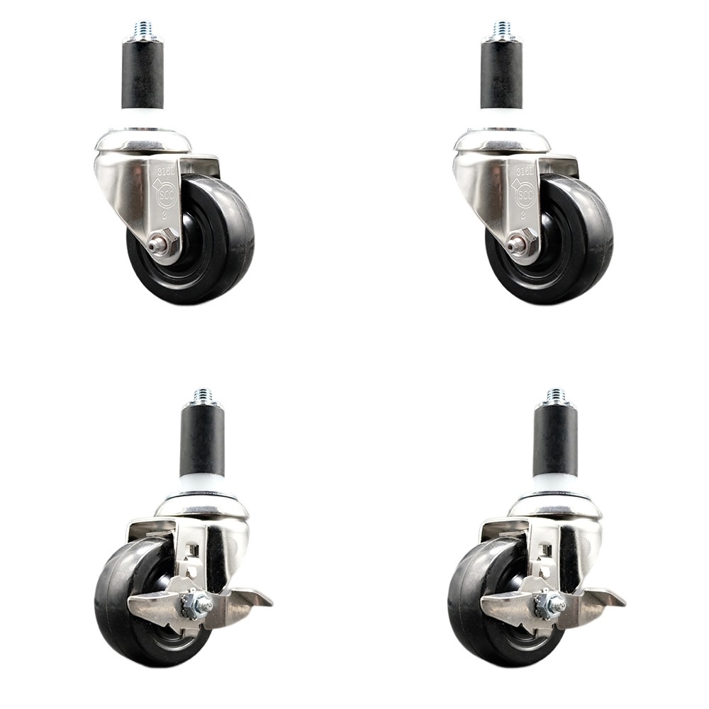 Soft Rubber Swivel Stem Caster with 3 in. Caster Wheels 1.38 in. Expanding Stems 316 Stainless Steel Casters - Set of 4