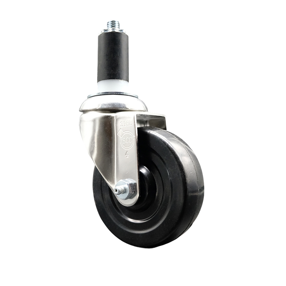 SCC-SS316EX20S414-SRS-138 Soft Rubber Swivel Stem Caster with 4 in. Black Caster Wheel 1.38 in. Expanding Stem 316 Stainless Steel Caster