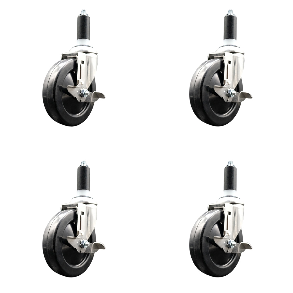 Soft Rubber Swivel Stem Caster with 5 in. Caster Wheels 1.38 in. Expanding Stems 316 Stainless Steel Casters - Set of 4