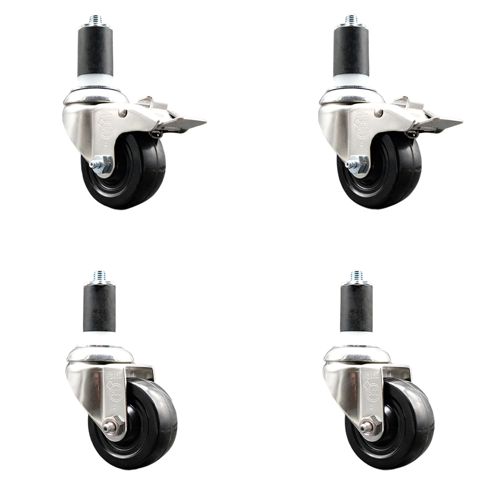 Soft Rubber Swivel Stem Caster with 3.5 in. Caster Wheels 1.5 in. Expanding Stem 316 Stainless Steel Casters - Set of 4