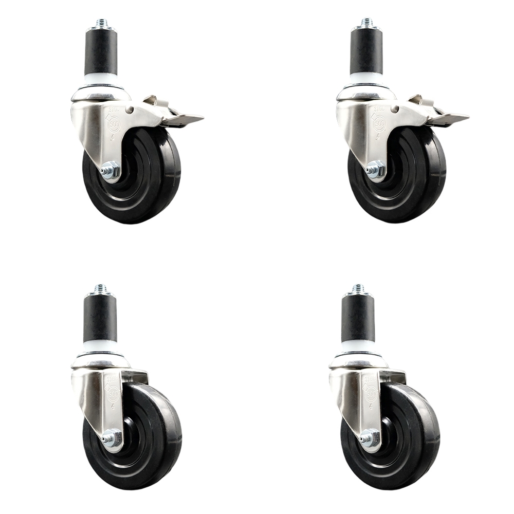 Soft Rubber Swivel Stem Caster with 4 in. Caster Wheels 1.5 in. Expanding Stem 316 Stainless Steel Casters - Set of 4