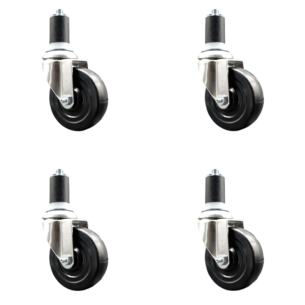 Soft Rubber Swivel Stem Caster with 4 in. Black Caster Wheels 1.63 in. Expanding Stems 316 Stainless Steel Casters - Set of 4