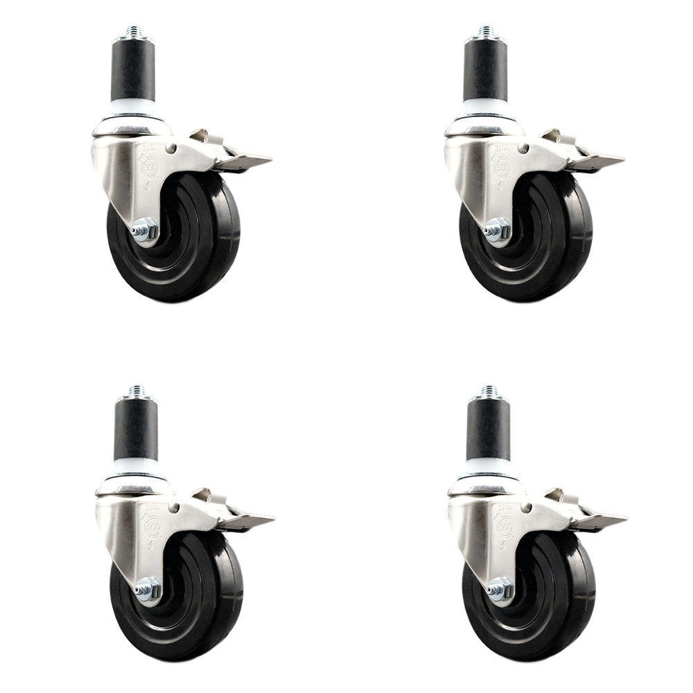 Soft Rubber Swivel Stem Caster with 4 in. Caster Wheels 1.63 in. Expanding Stems 316 Stainless Steel Casters - Set of 4