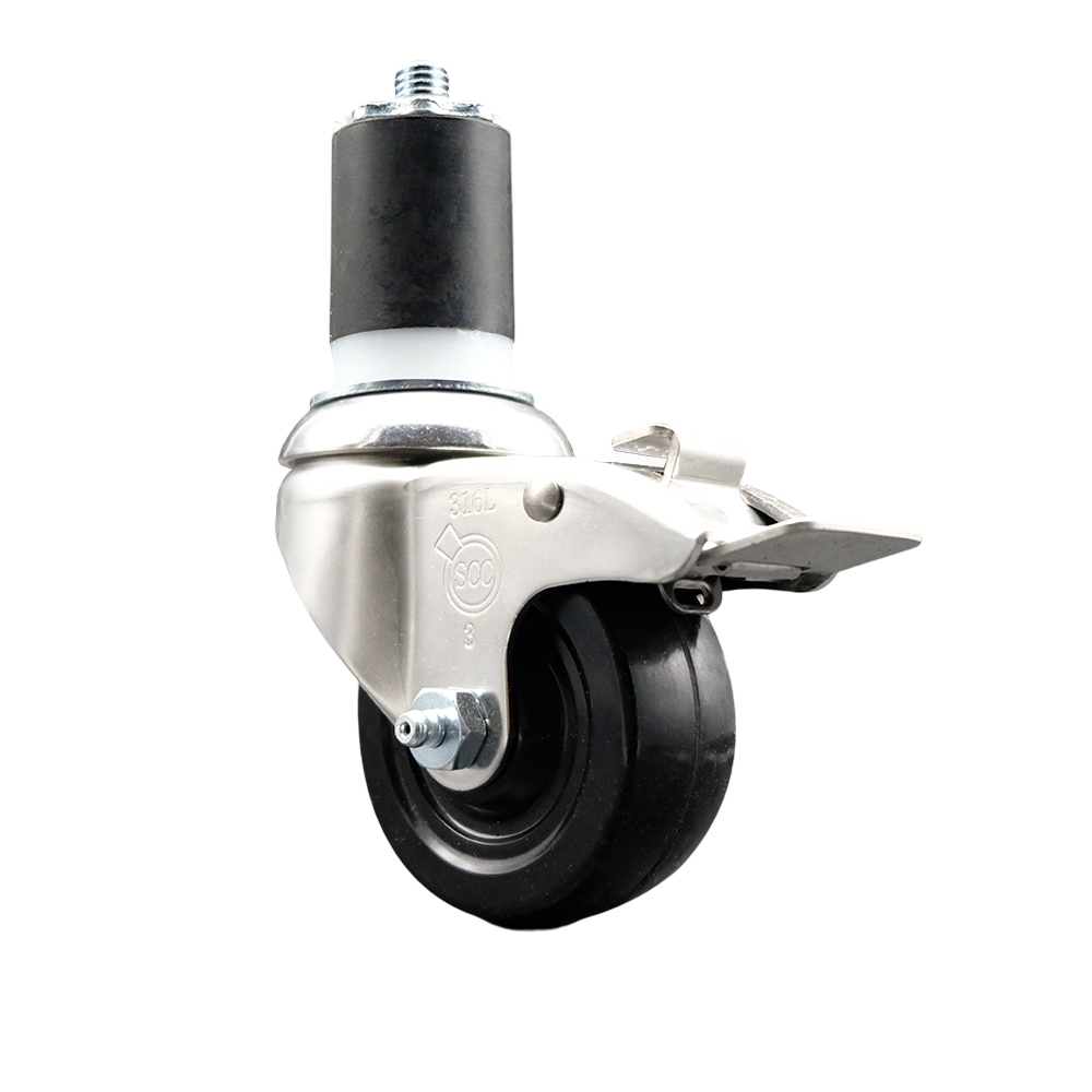Soft Rubber Swivel Stem Caster with 3 in. Black Caster Wheel & Total Lock Brake 1.75 in. Expanding Stem 316 Stainless Steel Caster