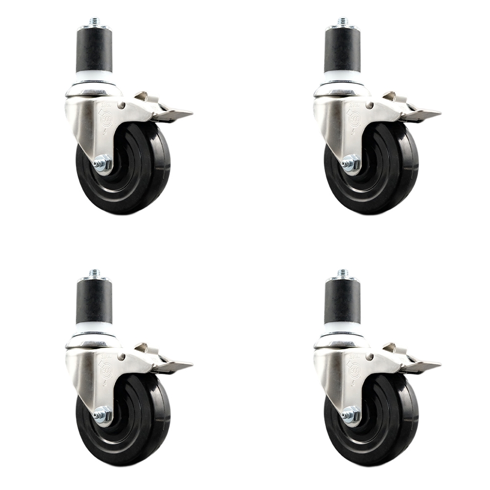 Soft Rubber Swivel Stem Caster with 4 in. Caster Wheels 1.75 in. Expanding Stems 316 Stainless Steel Casters - Set of 4