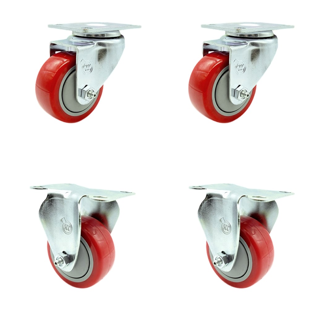 SCC-20S314-PPUB-RED-TP2-2-R-2 Swivel Caster with 2 Rigid Casters, 3 in. Red Polyurethane Wheel - 3.13 x 4.13 in. Overall Top Plate - Set of 4