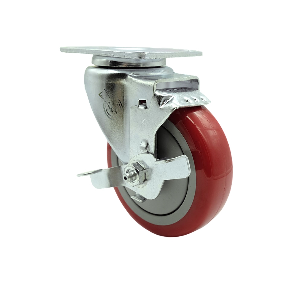 SCC-20S414-PPUB-RED-TLB-TP2 Swivel Caster with Top Lock Brake & 4 in. Red Polyurethane Wheel - 3.13 x 4.13 in. Overall Top Plate