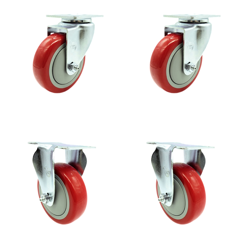 SCC-20S414-PPUB-RED-TP2-2-R-2 Swivel Caster with 2 Rigid Casters, 4 in. Red Polyurethane Wheel - 3.13 x 4.13 in. Overall Top Plate - Set of 4