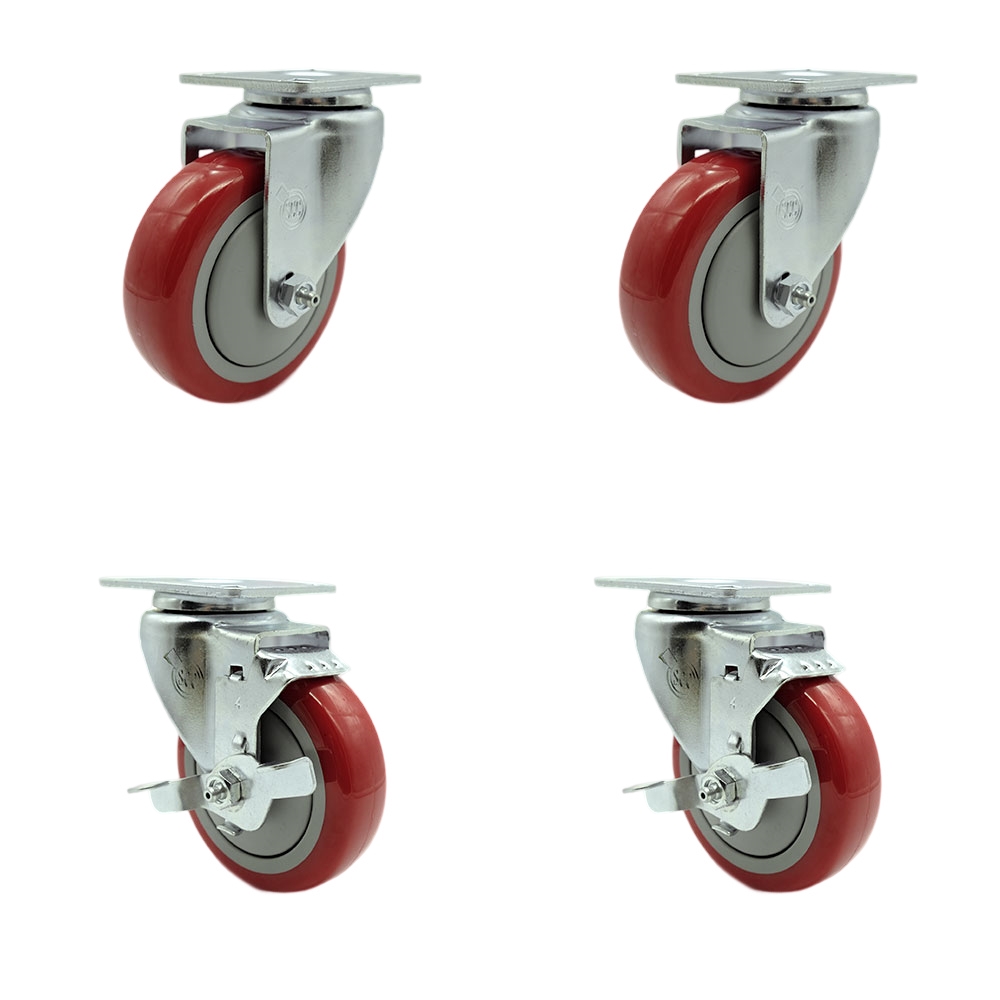 SCC-20S414-PPUB-RED-TP2-2-TLB-2 Swivel Caster with 2 Brakes, 4 in. Red Polyurethane Wheel - 3.13 x 4.13 in. Overall Top Plate - Set of 4
