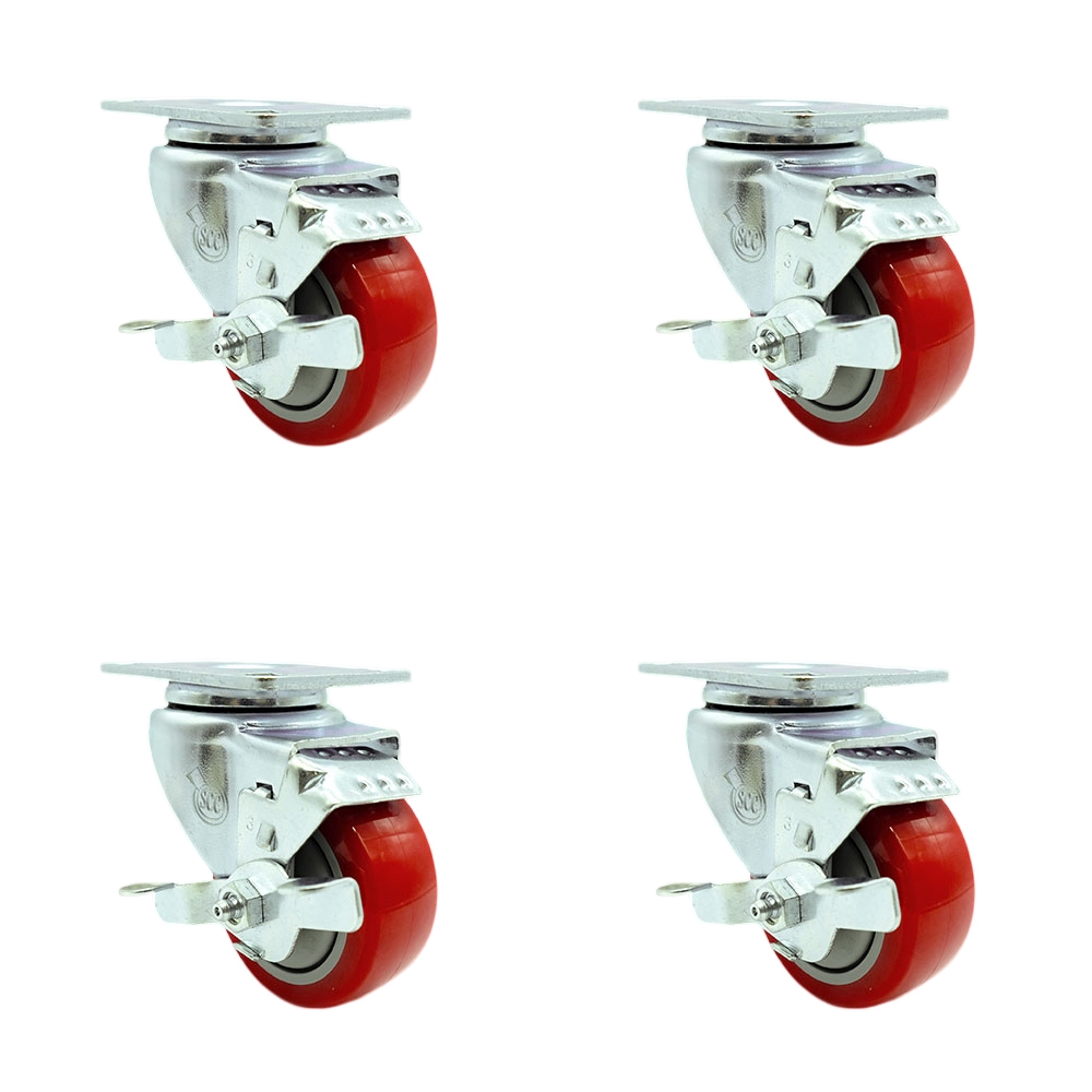 SCC-20S3514-PPUB-RED-TLB-TP3-4 Swivel Caster with Brakes & 3.5 in. Red Polyurethane Wheel - 4 x 4.5 in. Overall Top Plate - Set of 4