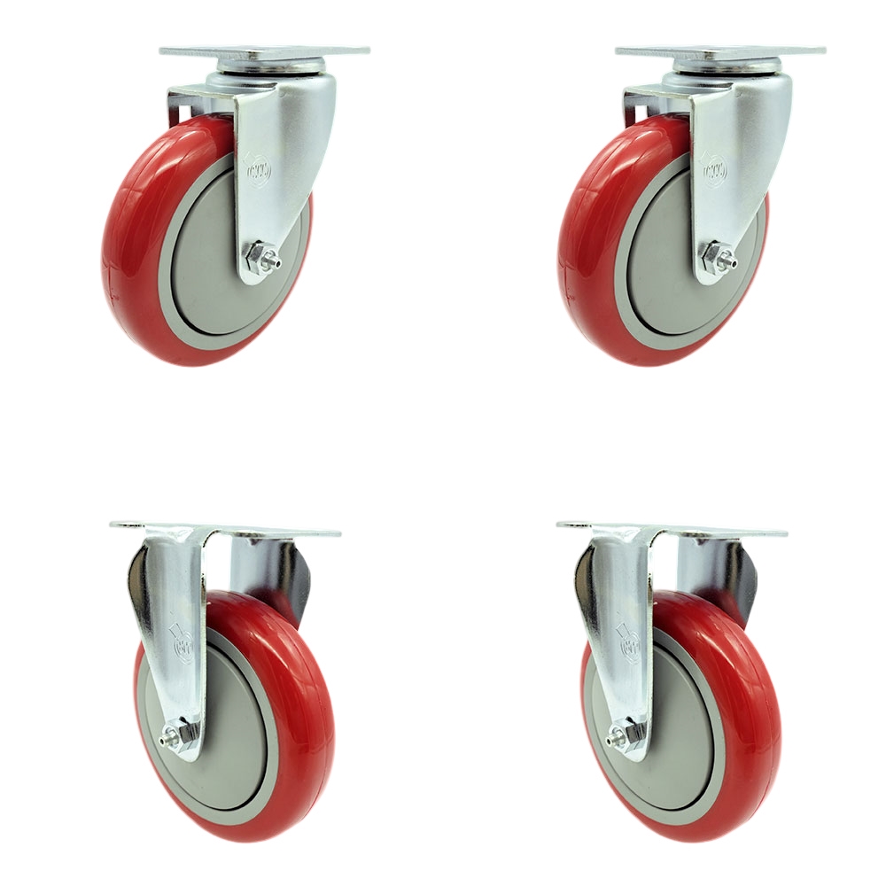 SCC-20S514-PPUB-RED-TP3-2-R-2 Swivel Caster with 2 Rigid Casters, 5 in. Red Polyurethane Wheel - 4 x 4.5 in. Overall Top Plate - Set of 4