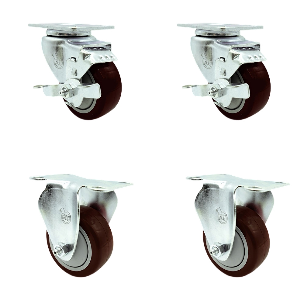 Swivel Caster with 2 Brakes & 2 Rigid, 3.5 in. Maroon Polyurethane Wheel - 3.13 x 4.13 in. Overall Top Plate - Set of 4