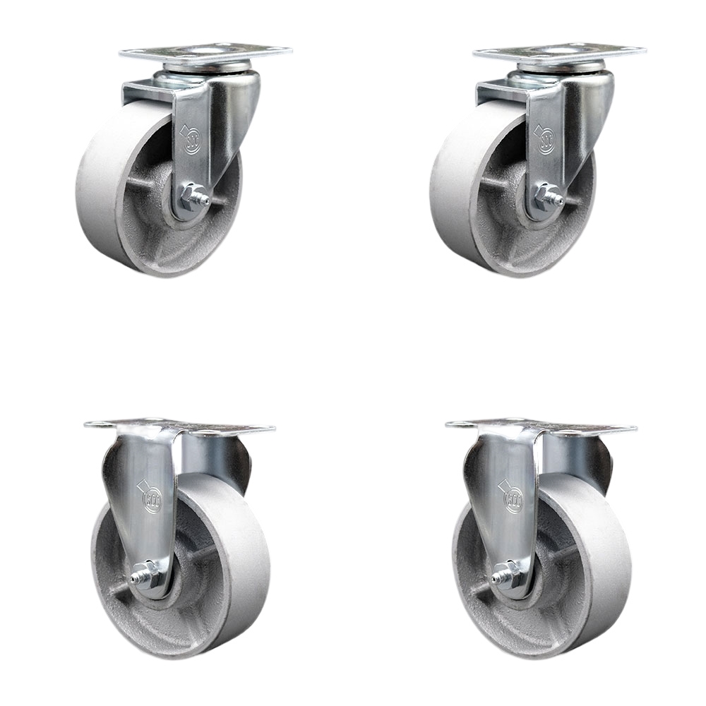 Swivel Caster with 2 Rigid Casters, 4 in. Semi Steel Cast Iron Wheel with Roller Bearing - 4 x 4.5 in. Overall Top Plate - Set of 4