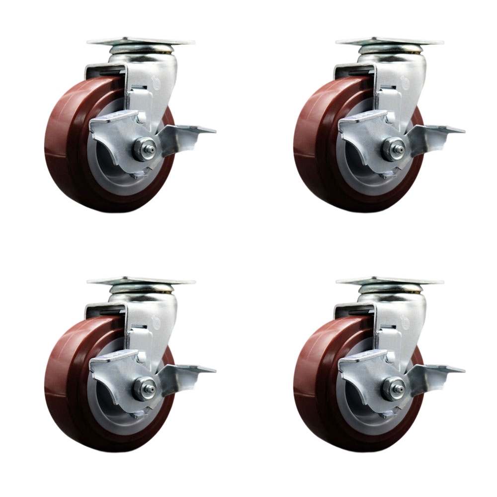 SCC-20S520-PPUB-TLB-4 Swivel Top Plate Caster Set, Maroon - 5 in. by 2 in. Polyurethane on Polyolefin Wheel Ball Bearing