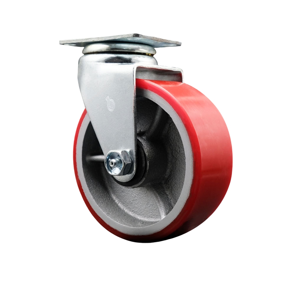 SCC-20S520-PUR-RS Swivel Top Plate Caster, Red - 5 in. by 2 in. Polyurethane on Cast Iron Wheel Roller Bearing