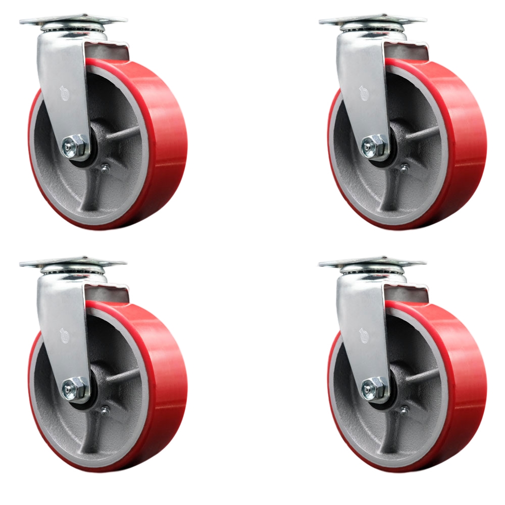 SCC-20S620-PUR-RS-4 Swivel Top Plate Caster Set, Red - 6 in. by 2 in. Polyurethane on Cast Iron Wheel Roller Bearing