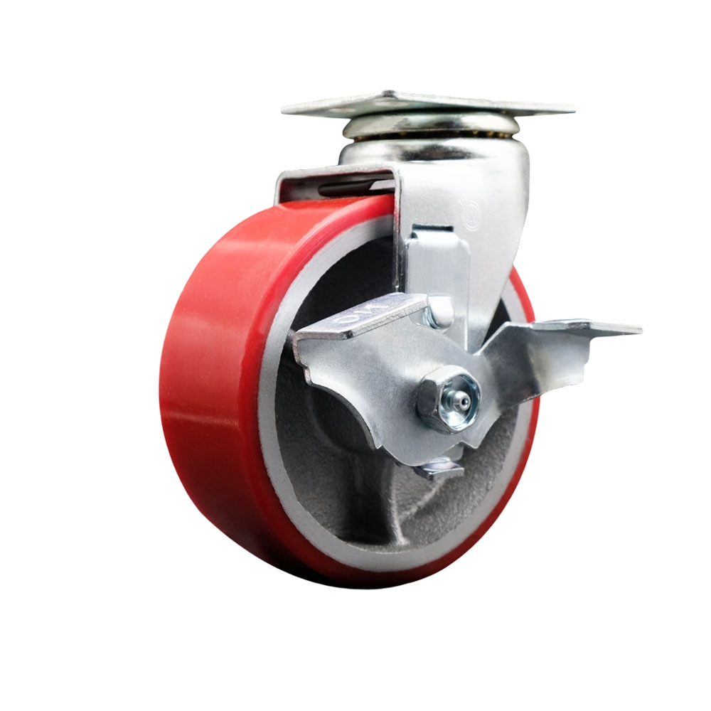 SCC-20S520-PUB-RS-TLB Swivel Top Plate Caster, Red - 5 in. by 2 in. Polyurethane on Cast Iron Wheel Ball Bearing