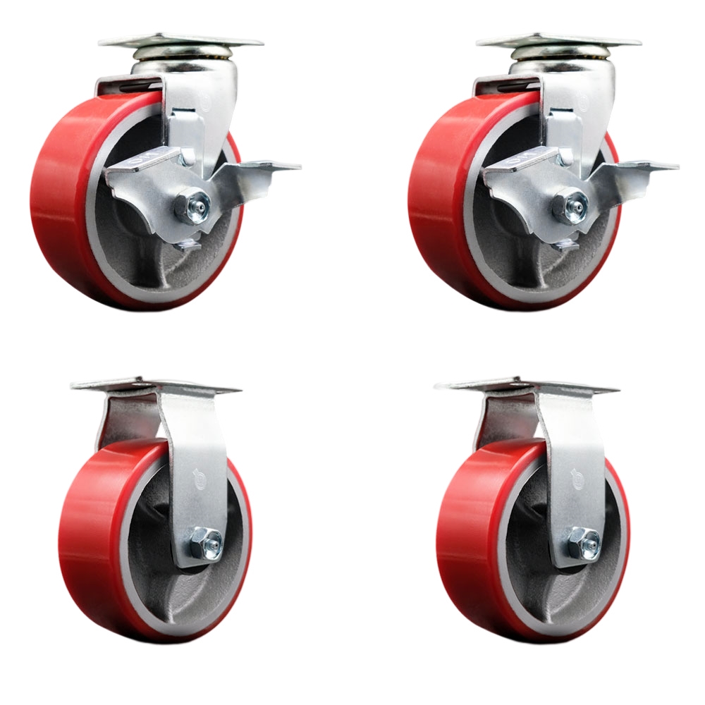 SCC-20S520-PUB-RS-TLB-2-R-2 Swivel & Rigid Plate Caster Set, Red - 5 in. by 2 in. Polyurethane on Cast Iron Wheel Ball Bearing