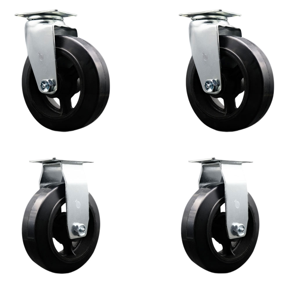 SCC-20S620-RSB-2-R-2 Swivel & Rigid Top Plate Caster Set, Black - 6 in. by 2 in. Rubber on Cast Iron Wheel Ball Bearing