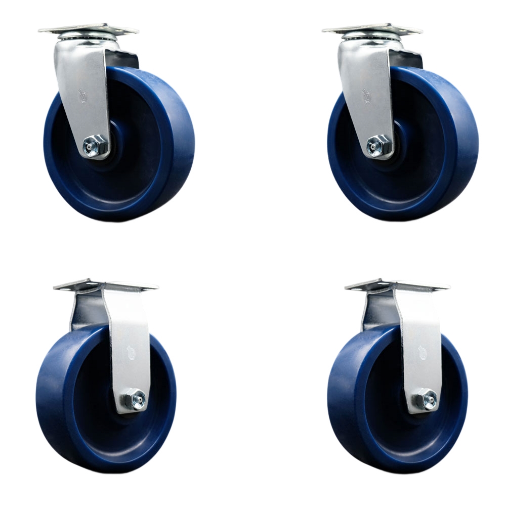 SCC-20S620-SPUR-2-R-2 Swivel & Rigid Top Plate Caster Set, Blue - 6 in. by 2 in. Solid Polyurethane Wheel Roller Bearing