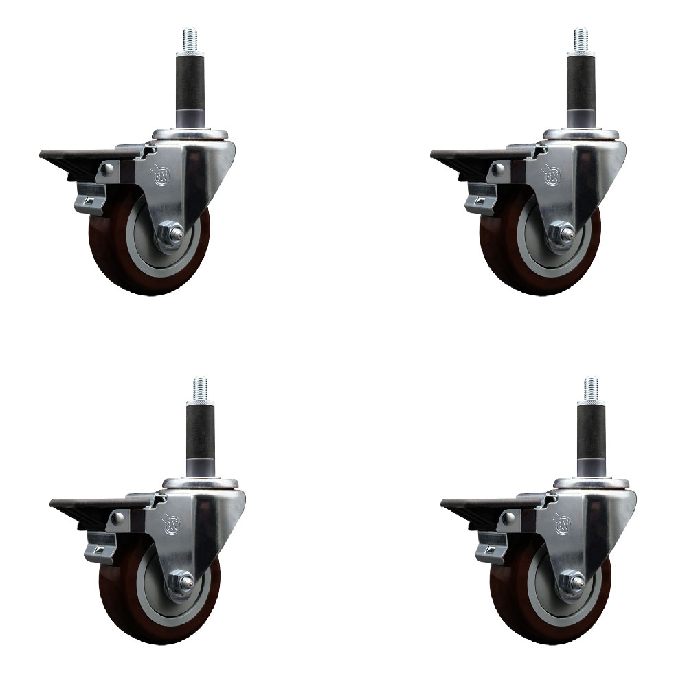 SCC-EX20S3514-PPUB-MRN-PLB-1-4 Polyurethane Swivel Expanding Stem Caster with 3.5 in. Maroon Wheels & 1 in. Stems - Set of 4
