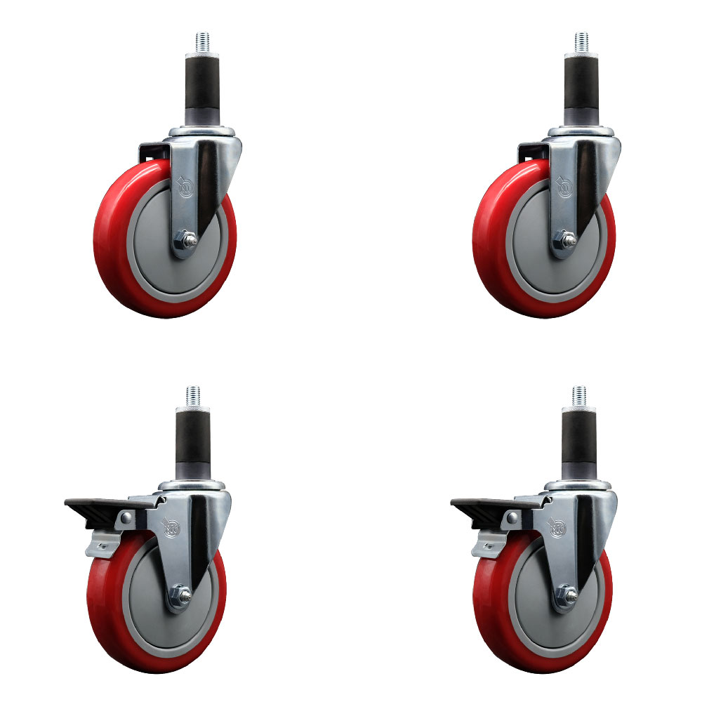 SCC-EX20S514-PPUB-RED-2-PLB-2-114 Polyurethane Swivel Expanding Stem Caster with 5 in. Red Wheels & 1.25 in. Stems - Set of 4