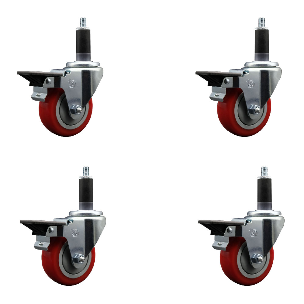 SCC-EX20S3514-PPUB-RED-PLB-118-4 Polyurethane Swivel Expanding Stem Caster with 3.5 in. Red Wheels & 1.13 in. Stems - Set of 4
