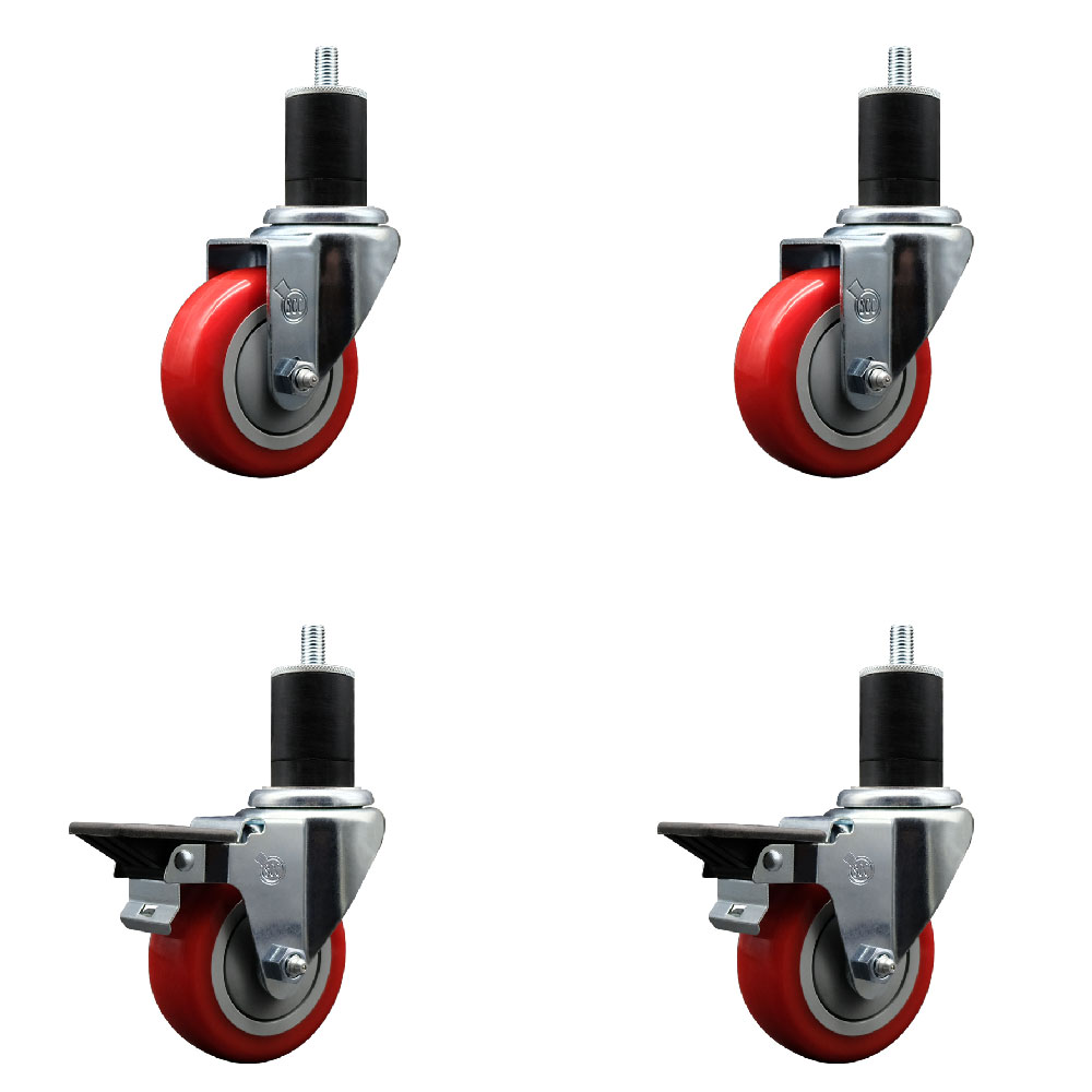 SCC-EX20S3514-PPUB-RED-2-PLB-2-134 Polyurethane Swivel Expanding Stem Caster with 3.5 in. Red Wheels & 1.75 in. Stems - Set of 4