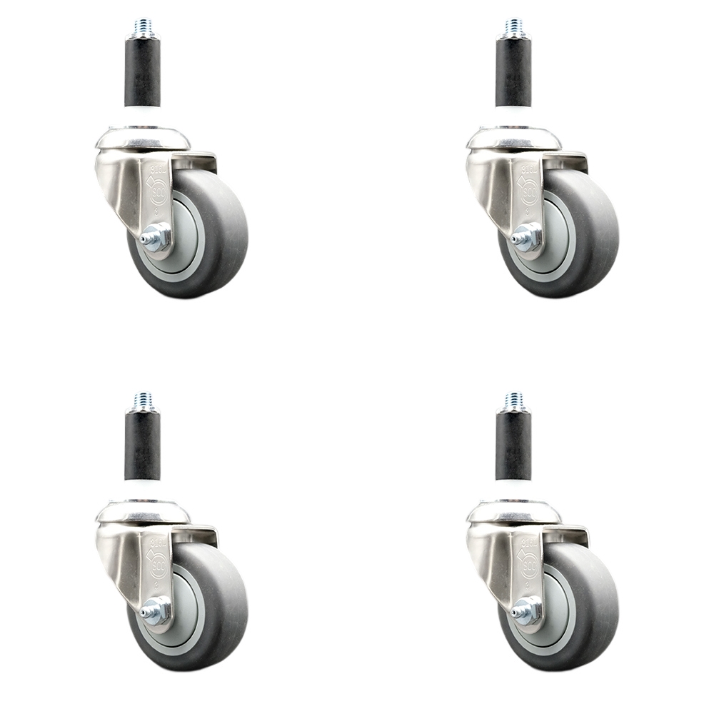 Thermoplastic Rubber Swivel Stem Caster with 3.5 in. Gray Caster Wheels, 1.13 in. Expanding Stems - 316 Stainless Steel Casters - Set of 4