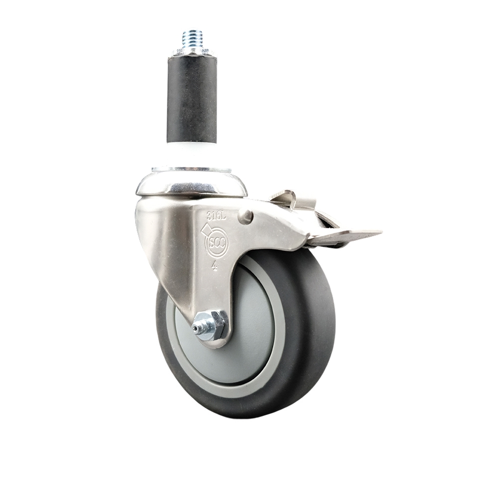Thermoplastic Rubber Swivel Stem Caster with 4 in. Gray Caster Wheel & Total Lock Brake, 1.25 in. Expanding Stem - 316 Stainless Steel Caster