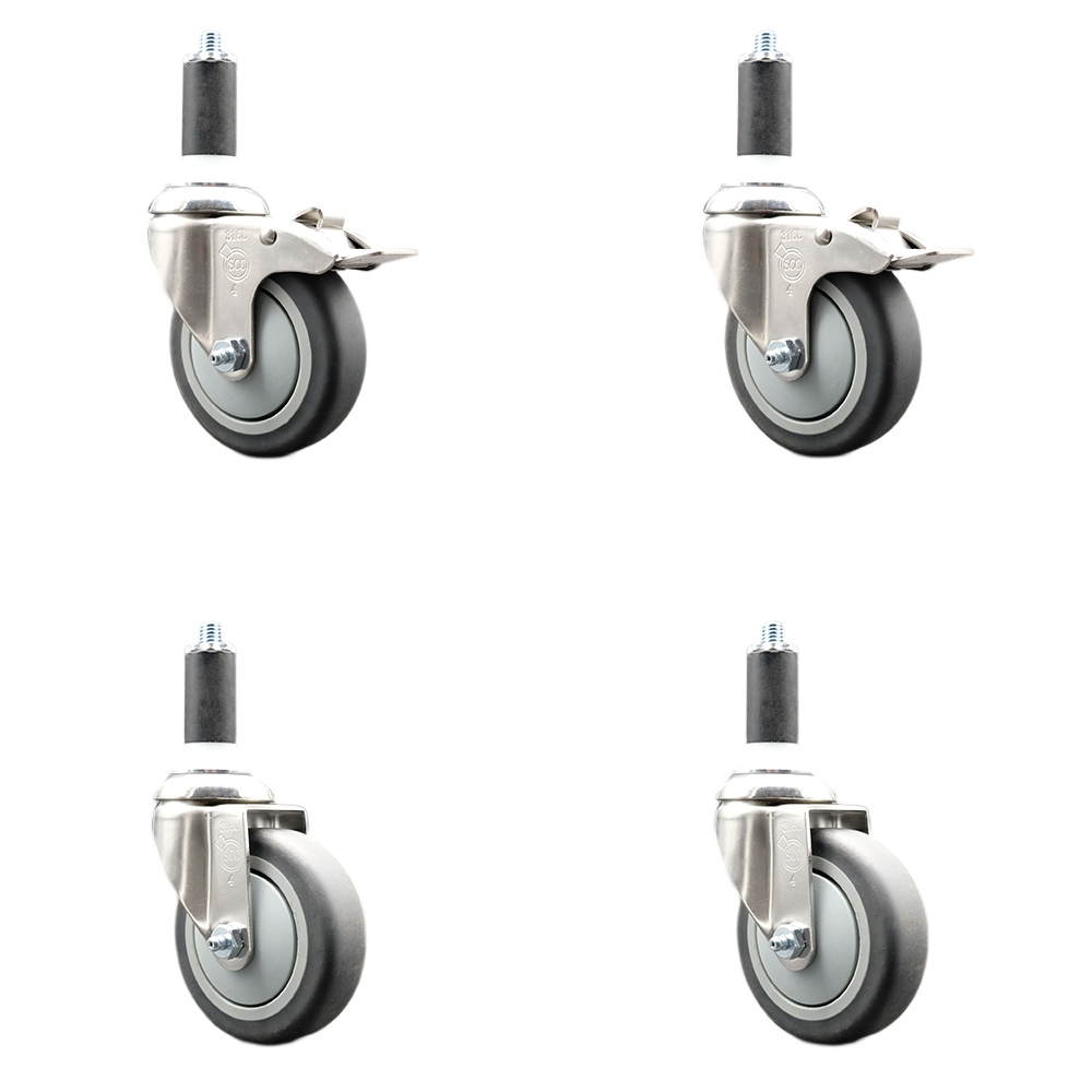 Thermoplastic Rubber Swivel Stem Caster with 4 in. Caster Wheels, 1.25 in. Expanding Stem - 316 Stainless Steel Casters - Set of 4