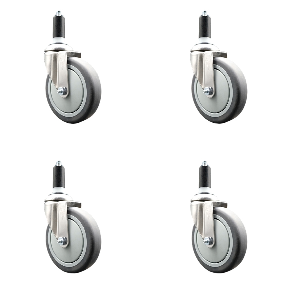 Thermoplastic Rubber Swivel Stem Caster with 5 in. Gray Caster Wheels, 1.38 in. Expanding Stems - 316 Stainless Steel Casters - Set of 4