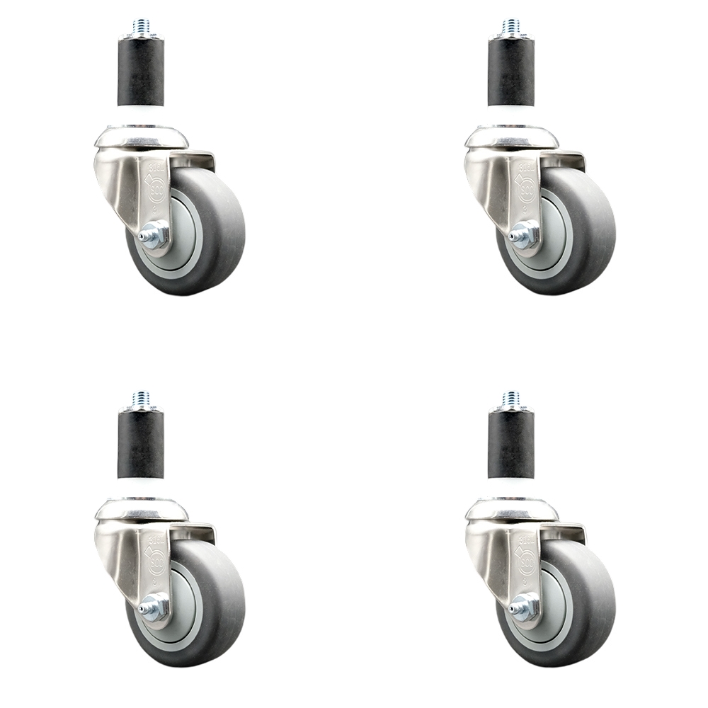 Thermoplastic Rubber Swivel Stem Caster with 3 in. Gray Caster Wheels, 1.5 in. Expanding Stems - 316 Stainless Steel Casters - Set of 4