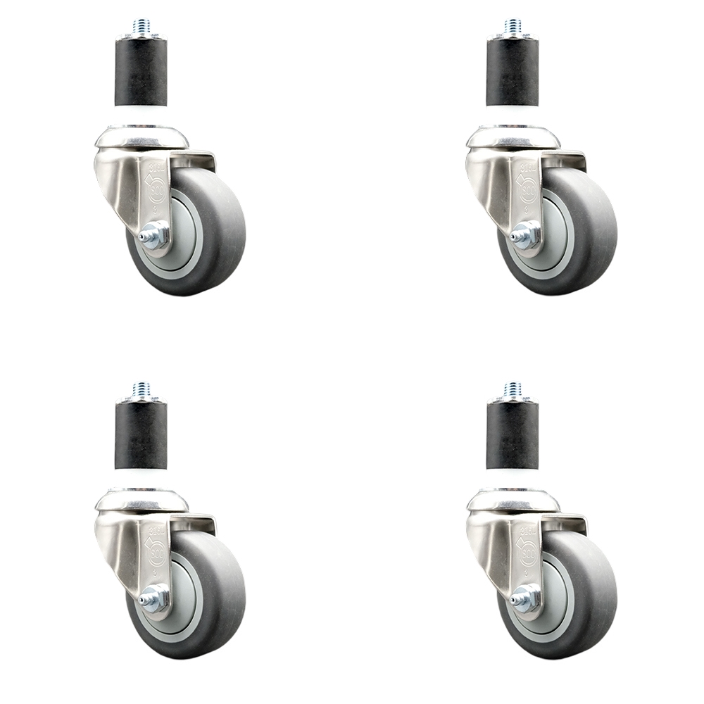 Thermoplastic Rubber Swivel Stem Caster with 3 in. Gray Caster Wheels, 1.87 in. Expanding Stems - 316 Stainless Steel Casters - Set of 4