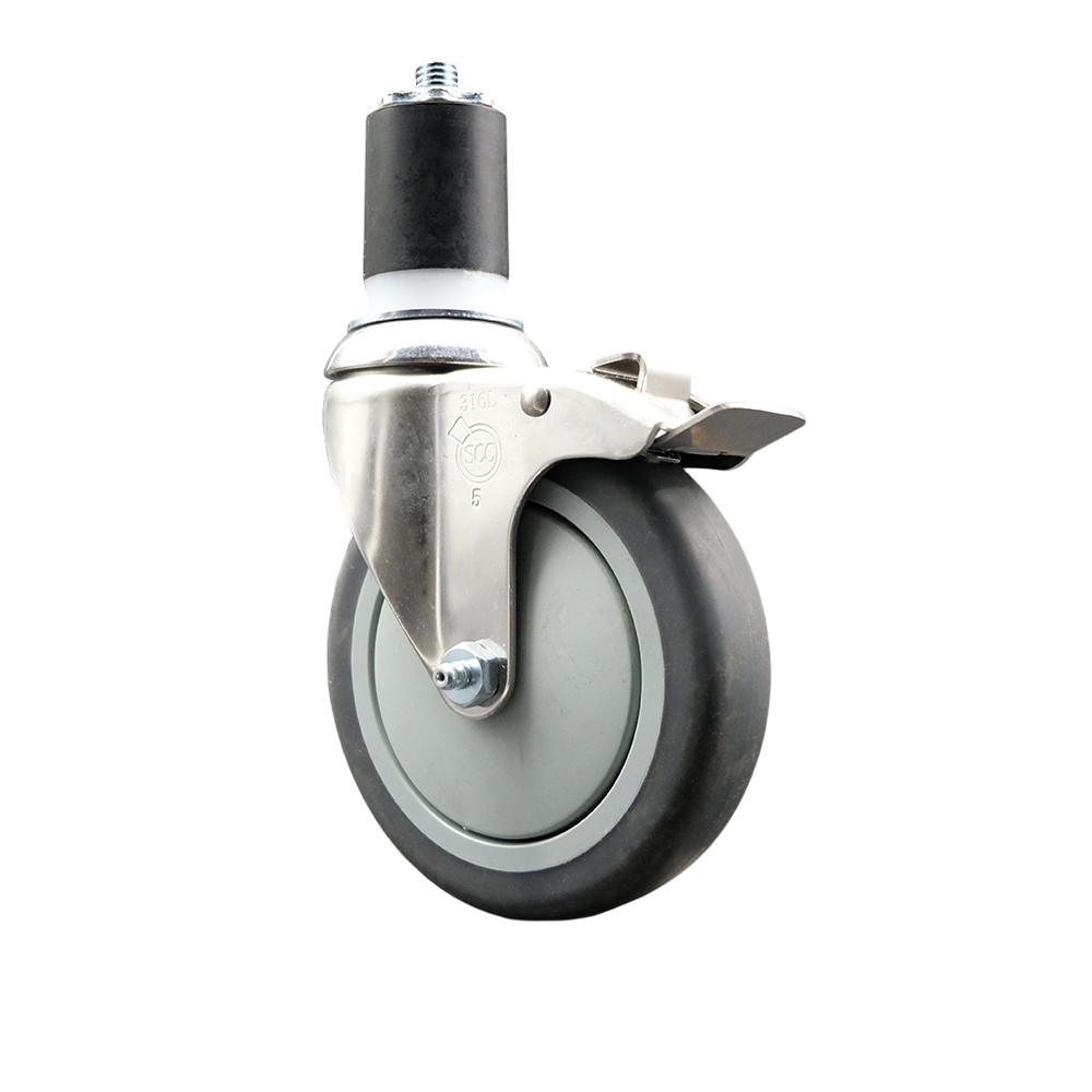 Thermoplastic Rubber Swivel Stem Caster with 5 in. Gray Caster Wheel & Total Lock Brake, 1.87 in. Expanding Stem - 316 Stainless Steel Caster