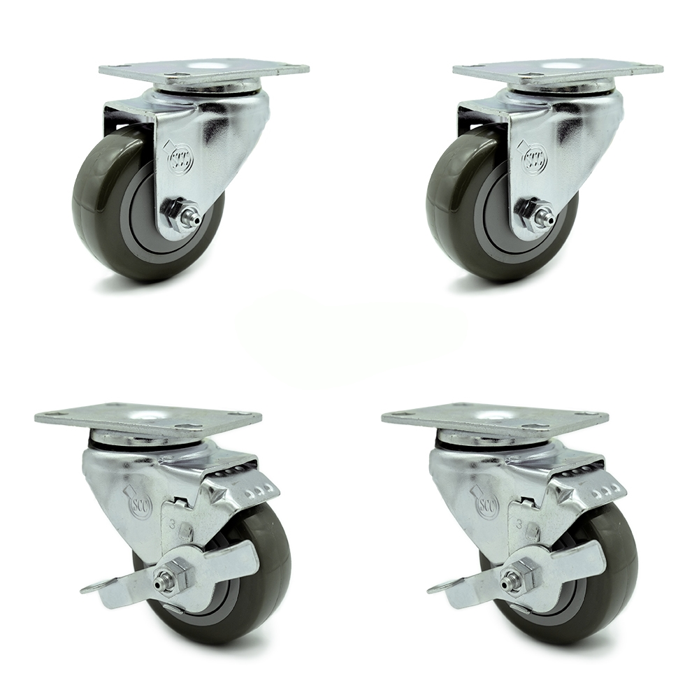 SCC-20S314-PPUB-TP3-2-TLB-2 Swivel Caster with 2 Brakes 3 in. Gray Polyurethane Wheel 4 x 4.5 in. Overall Top Plate - Set of 4