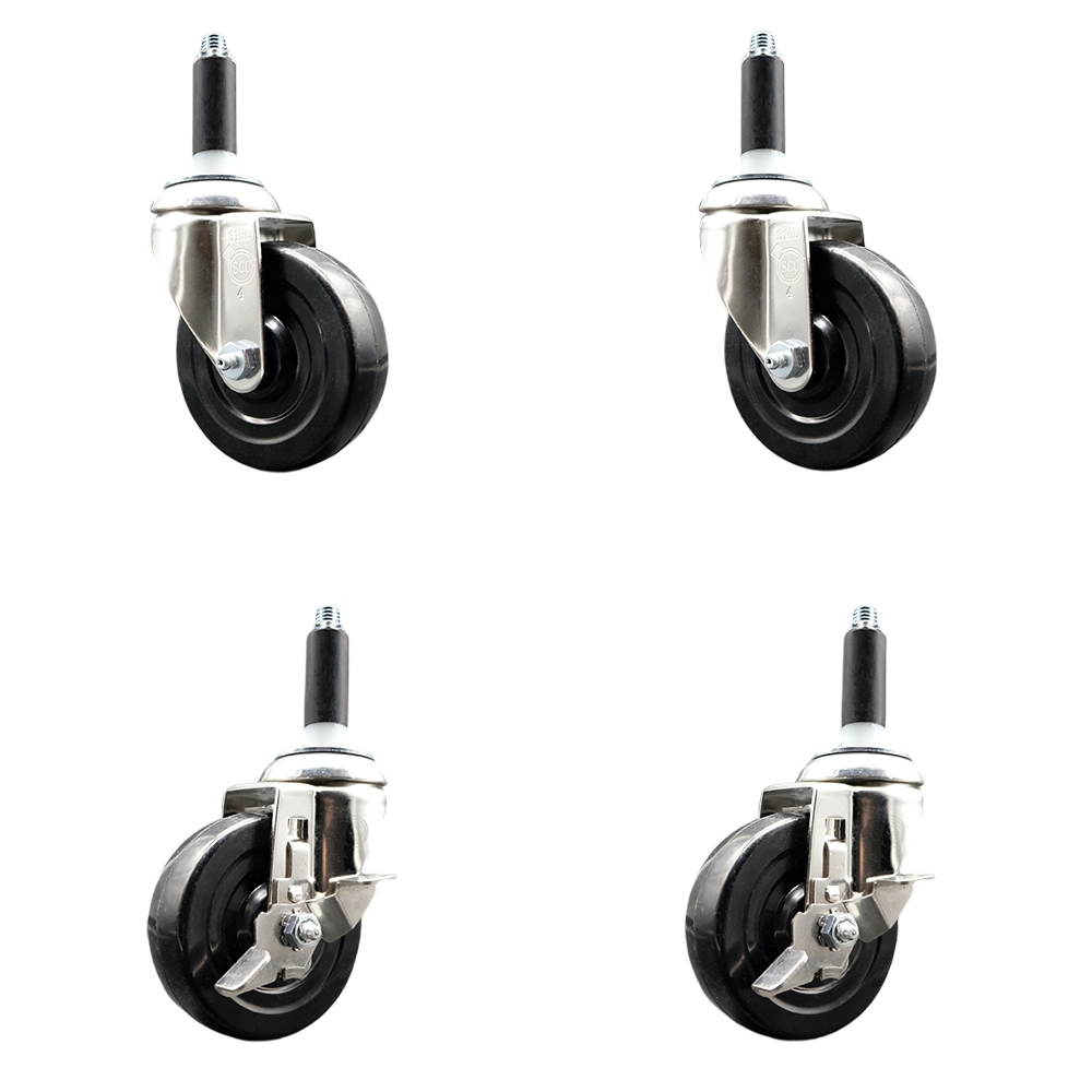 Soft Rubber Swivel Stem Caster with 4 in. Caster Wheels 0.75 in. Expanding Stems 316 Stainless Steel Casters - Set of 4