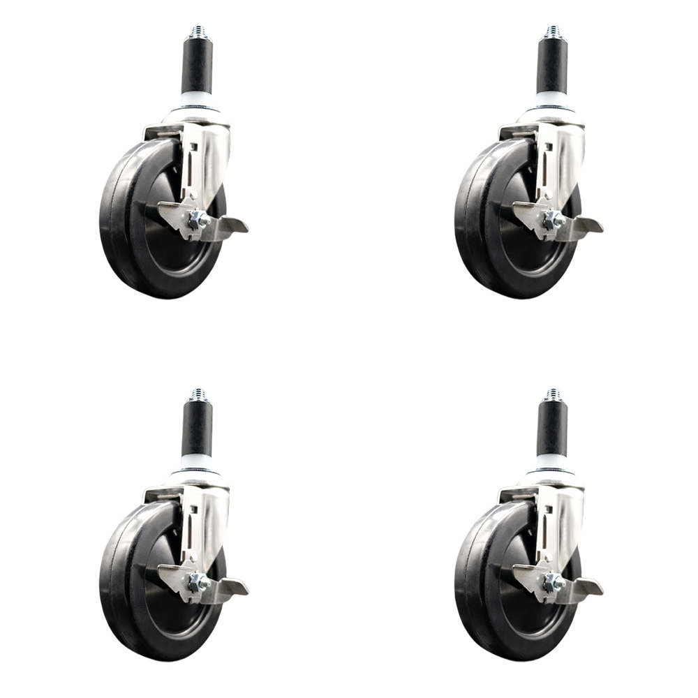 Soft Rubber Swivel Stem Caster with 5 in. Caster Wheels 1.25 in. Expanding Stems 316 Stainless Steel Casters - Set of 4