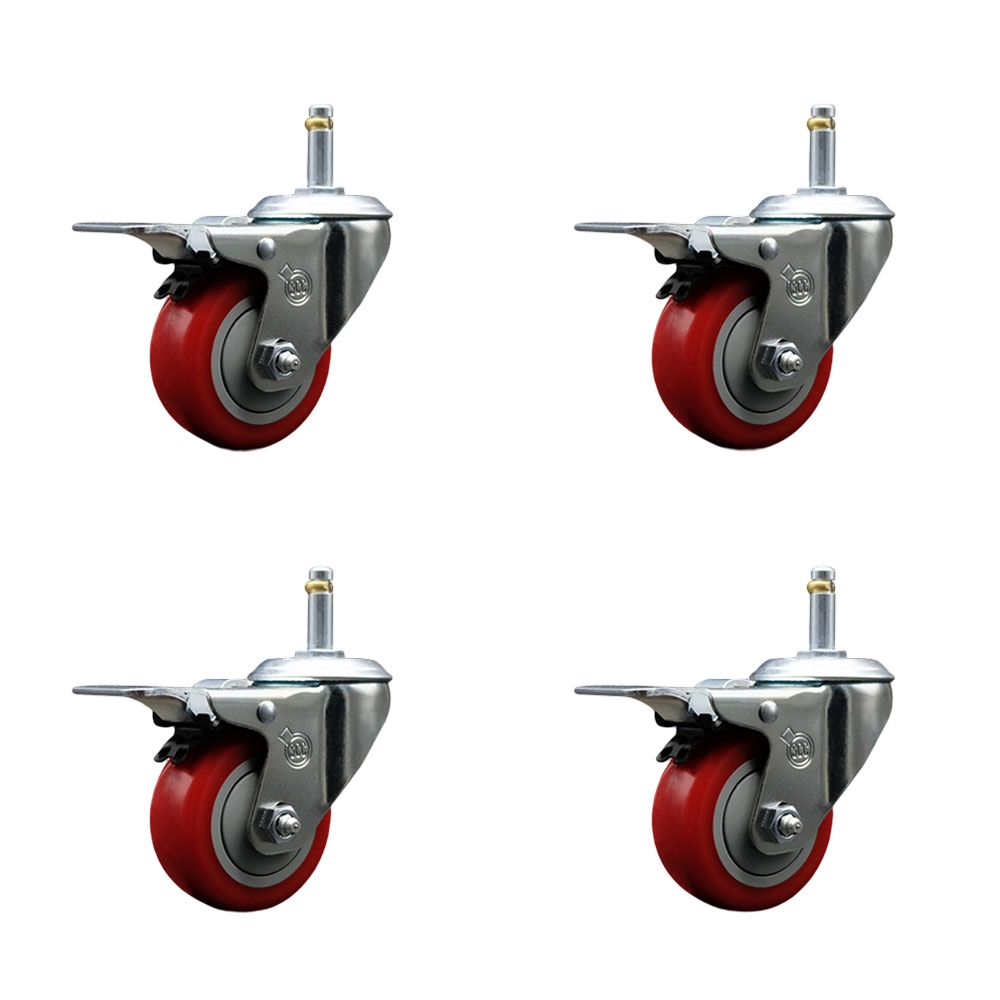 SCC-GRTTL20S314-PPUB-RED-716138-4 Polyurethane Swivel Grip Ring Stem Caster with 3 x 1.25 in. Red Wheels & 0.43 in. Stems - Set of 4