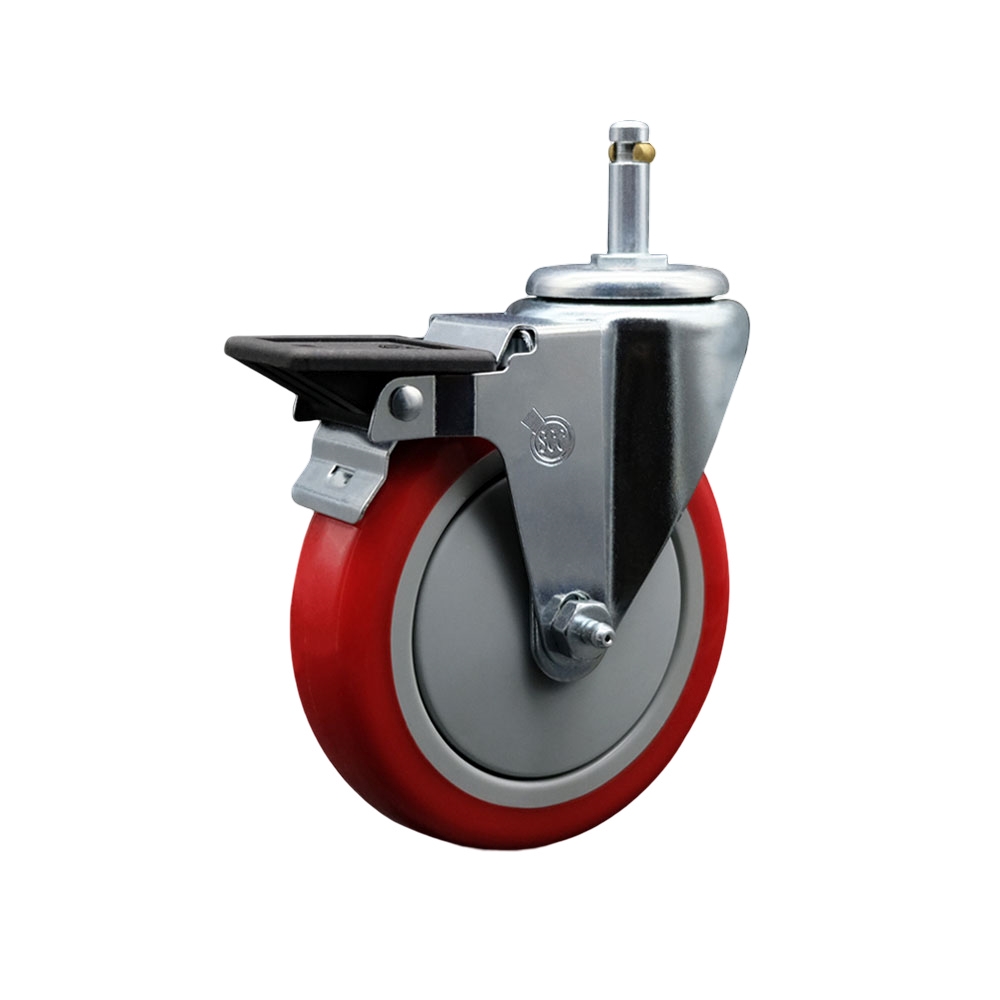 SCC-GR20S514-PPUB-RED-PLB-716138 Polyurethane Swivel Grip Ring Stem Caster with 5 x 1.25 in. Red Wheel & 0.43 in. Stem & Posi Locking Brake