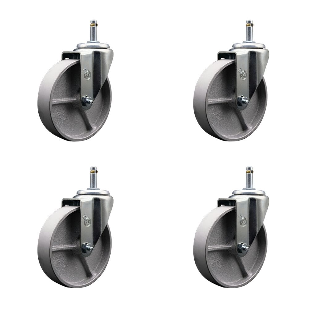 Semi Steel Cast Iron Swivel Grip Ring Stem Caster with Roller Bearings, with 5 x 1.5 in. Silver Wheels & 0.43 in. Stems - Set of 4