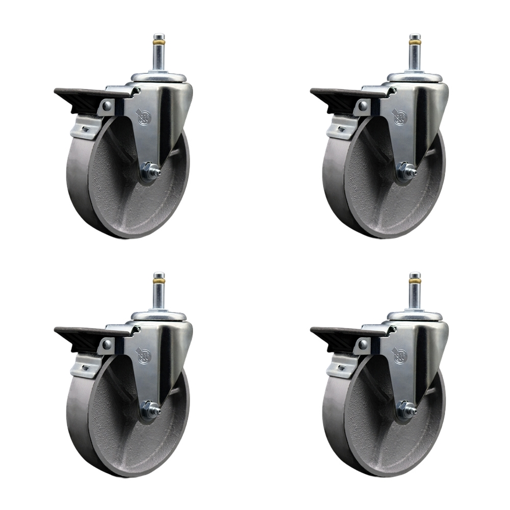 Semi Steel Cast Iron Swivel Grip Ring Stem Caster with Roller Bearings, with 5 x 1.5 in. Silver Wheels & 0.43 in. Stems - Set of 4