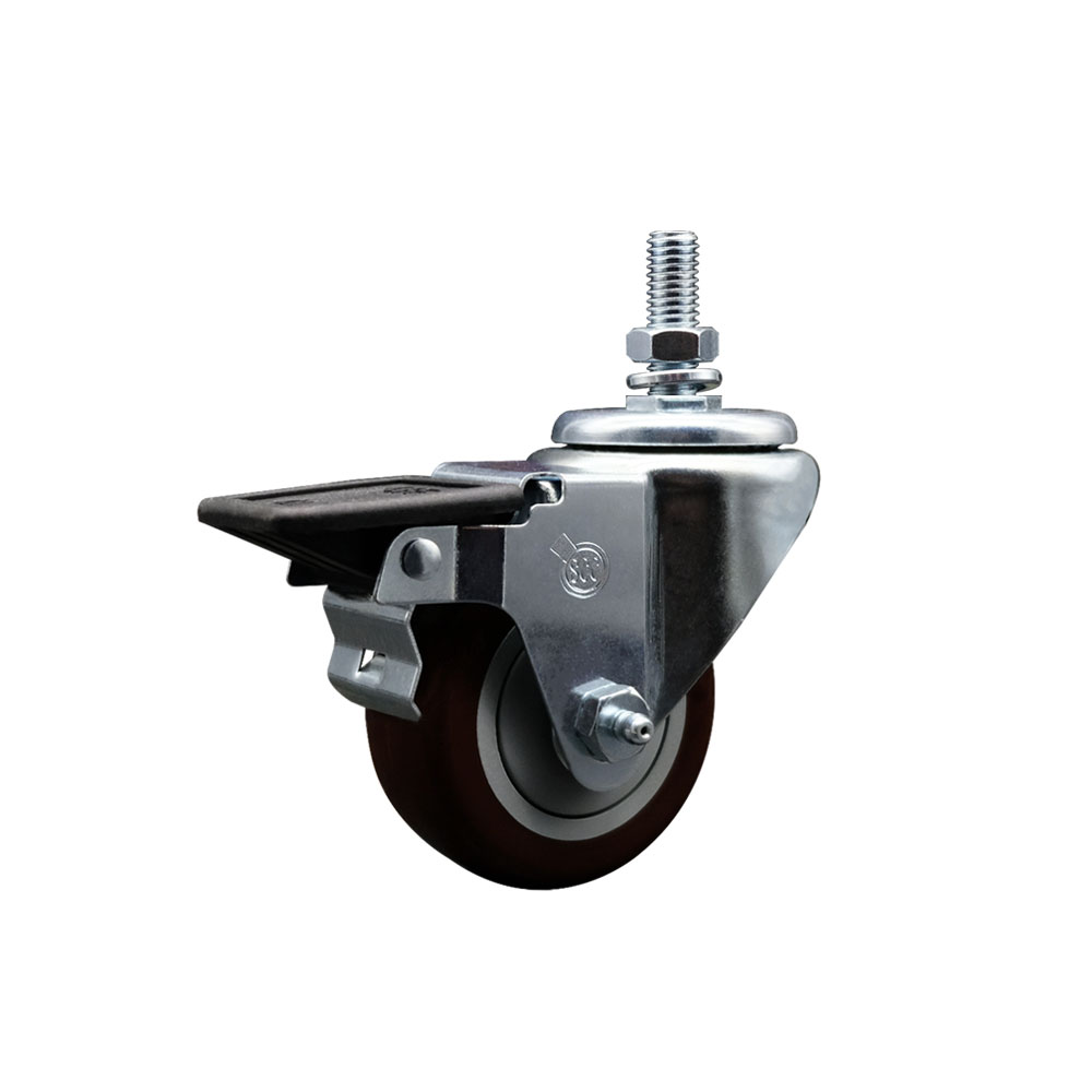 SCC-TS20S314-PPUB-MRN-PLB-121315 Polyurethane Swivel Threaded Stem Caster with 3 x 1.25 in. Maroon Wheel & 0.5 in. Stem & Posi Locking Brake