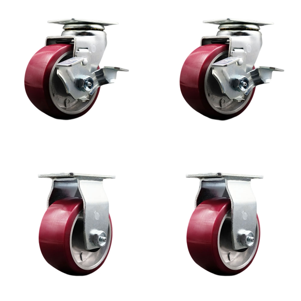 SCC-20S420-PAR-TLB-2-R-2 Swivel & Rigid Plate Caster Set Maroon 4 in. by 2 in. Polyurethane on Aluminum Wheel Roller Bearing