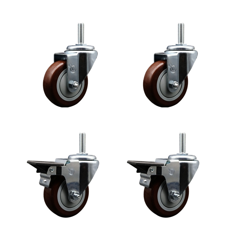 SCC-TS20S3514-PPUB-MRN-58212-2-PLB-2 Polyurethane Swivel Threaded Stem Caster with 3.5 x 1.25 in. Maroon Wheels & 0.63 in. Stems - Set of 4