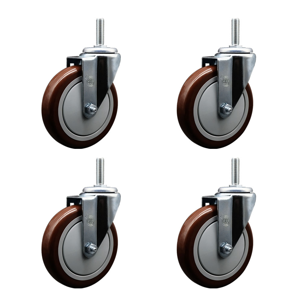 SCC-TS20S514-PPUB-MRN-58212-4 Polyurethane Swivel Threaded Stem Caster with 5 x 1.25 in. Maroon Wheels & 0.63 in. Stems - Set of 4