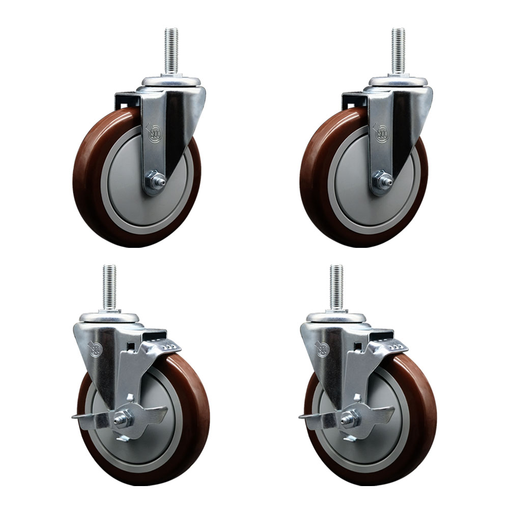 SCC-TS20S514-PPUB-MRN-58212-2-TLB-2 Polyurethane Swivel Threaded Stem Caster with 5 x 1.25 in. Maroon Wheels & 0.63 in. Stems - Set of 4