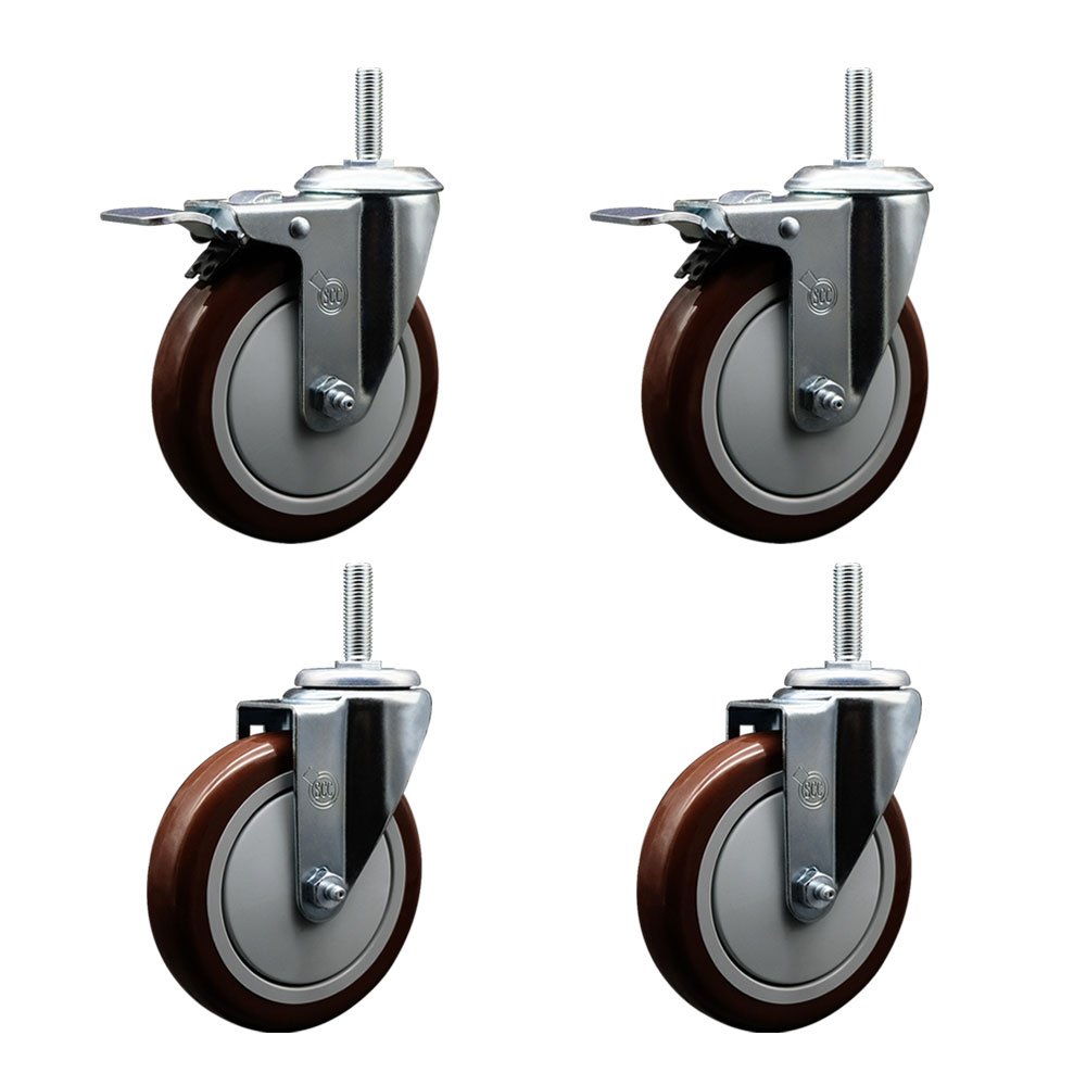 SCC-TSTTL20S514-PPUB-MRN-58212-2-S-2 Polyurethane Swivel Threaded Stem Caster with 5 x 1.25 in. Maroon Wheels & 0.63 in. Stems - Set of 4