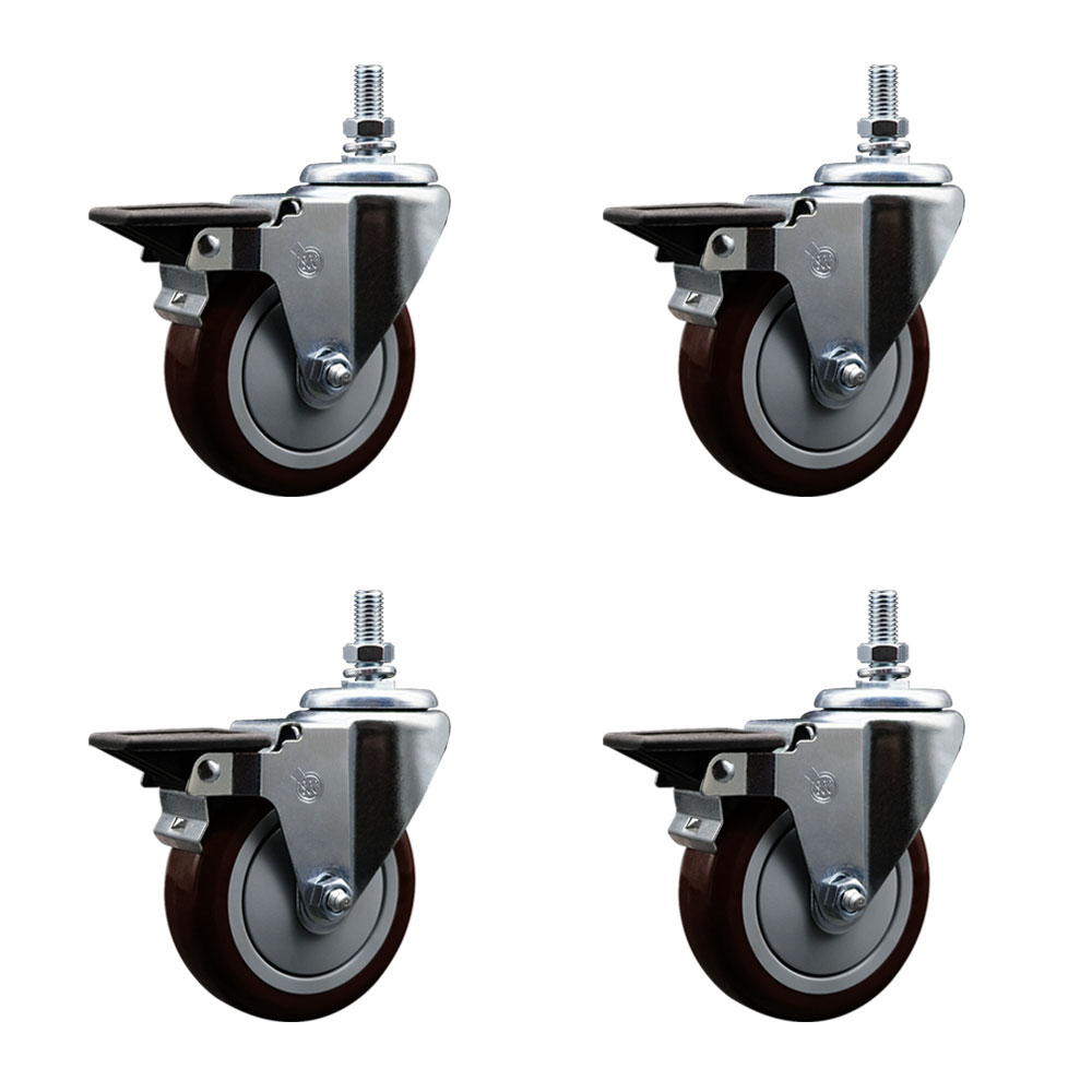 SCC-TS20S414-PPUB-MRN-PLB-M1015-4 Polyurethane Swivel Threaded Stem Caster with 4 x 1.25 in. Maroon Wheels & 10 mm Stems - Set of 4